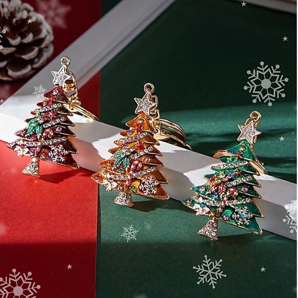 Christmas Tree Sparkly Rhinestone Bag Charm Gold Keychain New - Picture 1 of 10